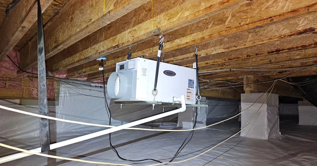 Ventilation system installed in an attic with exposed beams and insulation.