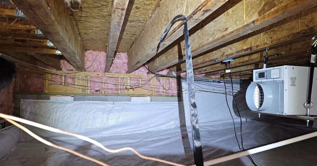 View of a crawl space with insulation, HVAC unit, and exposed wiring.