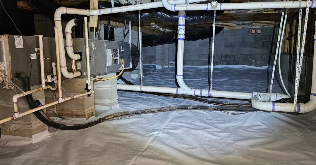 HVAC system and plumbing in a basement with insulated pipes and vapor barrier.