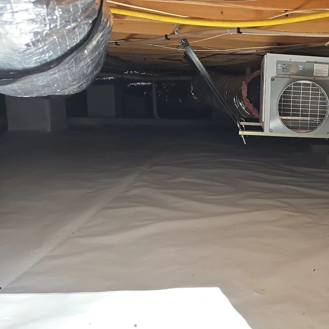 Clean crawl space with HVAC system and ducts visible, featuring plastic vapor barrier on the floor.